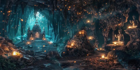 Mystical Underground Temple Lit by Fireflies its halls chambers illuminated by thousands of fireflies. The natural light reveals ancient with magical atmosphere created with Generative AI Technology - obrazy, fototapety, plakaty