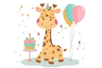 Happy Birthday. Greeting card with cute giraffe in flat style