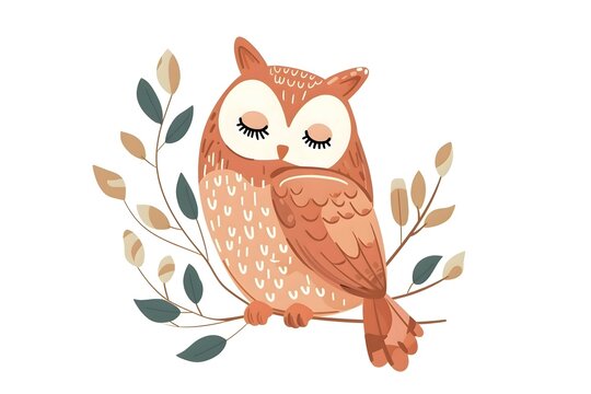 Cute owl on a branch in flat style on a white background