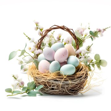 Happy Easter. Basket with colored Easter eggs and spring flowers on a white background