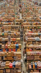 Expansive warehouse interior with towering shelves, showcasing logistics.