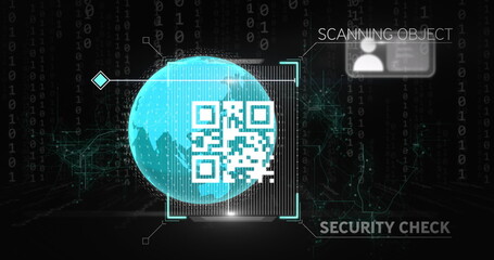 Image of globe with qr code, icons and data processing