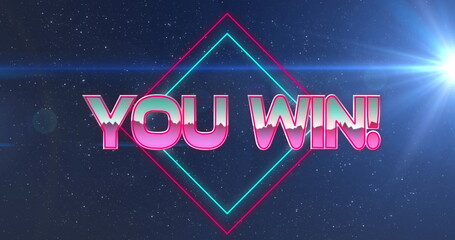 Image of you win text over light trails and spots on black background