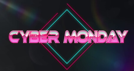 Image of cyber monday text over light trails and spots on black background