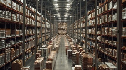 Expansive warehouse interior with towering shelves, showcasing logistics.