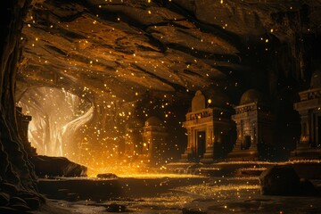 Mystical Underground Temple Lit by Fireflies its halls chambers illuminated by thousands of fireflies. The natural light reveals ancient with magical atmosphere created with Generative AI Technology