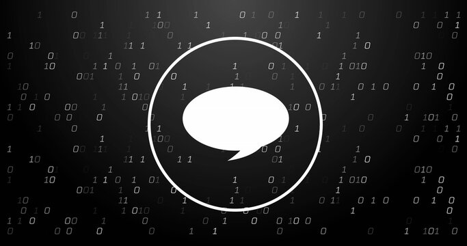 Image of digital speech bubble icon, binary coding and data processing