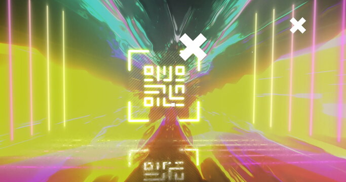 Image of qr code, world map with markers and data processing over light trails - Powered by Adobe