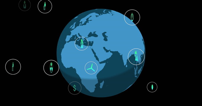 Image of globe with icons on black background