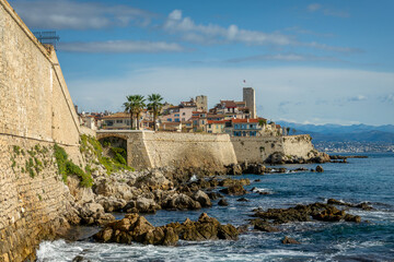View of the rampart walls and the old town of Antibes on the French Riviera in the South of France - 757996010