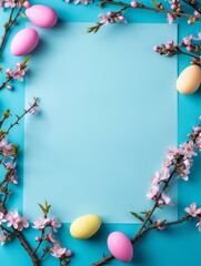 Naklejka na ściany i meble Easter holiday border and frame template. Happy Easter Day. Elegant egg and paper blank in center. Beautiful flower. Branding mock up, holiday marketing concept. soft color background