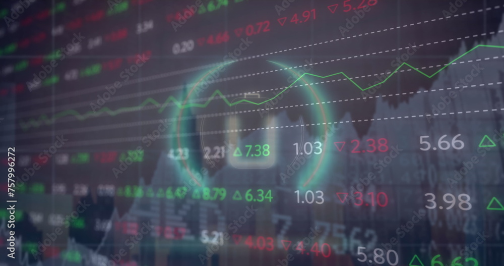 Poster image of battery icon in circle over multiple graphs and trading board against modern building