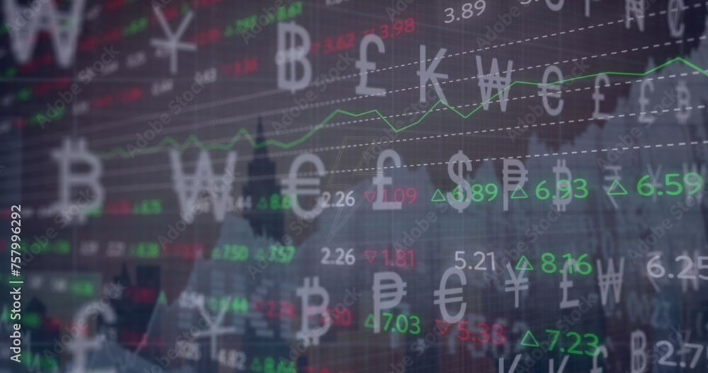 Poster image of currency symbols, thunder symbol and trading board over modern building in background