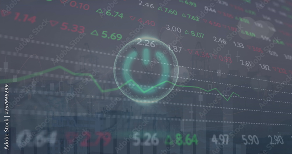 Poster image of power button over multiple graphs and trading board, caucasian man working on laptop