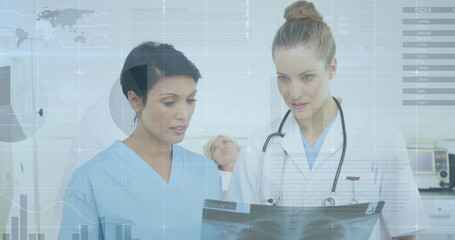 Image of infographic interface over diverse female doctors discussing patient x-ray in hospital