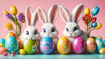 Easter bunnies with colorful eggs and tulips on pink background
