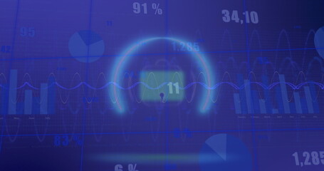 Image of padlock in circle over multiple graphs with changing numbers against blue background