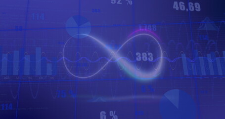 Obraz premium Image of infinity symbol over multiple graphs and changing numbers on abstract background