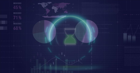 Image of hourglass in circle over multicolored infographic interface on abstract background