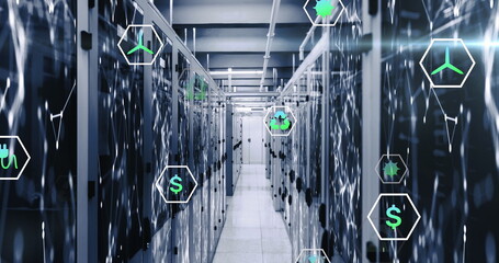 Image of multiple icons over connected dots on data server systems in server room