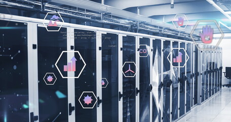 Image of multiple icons over connected dots on server racks in server room