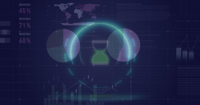 Image of hourglass in circle over multicolored infographic interface on abstract background