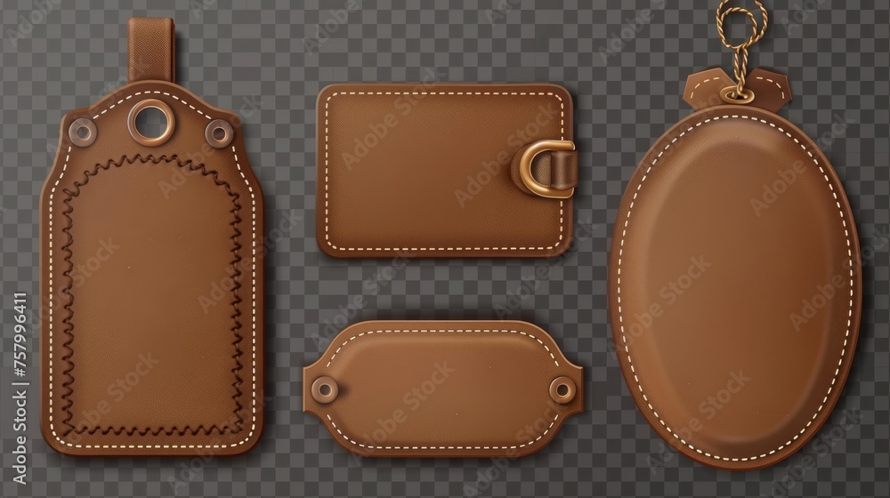 Poster a set of brown leather patches with seam template on a transparent background. vintage craft emblems
