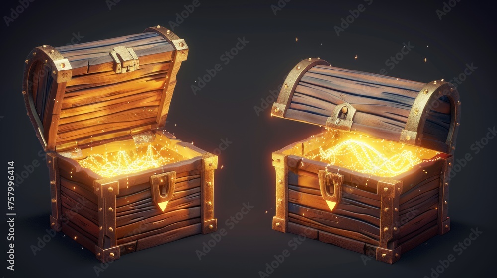 Aufkleber three dimensional image of an empty vintage coffer isolated on a dark background with a wooden lid. 
