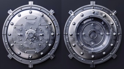 A realistic 3D animation of an opening bank safe vault door. Metal steel round gate closes and opens ajar. An isolated mechanism with welds and rivets. Gold and money storage.