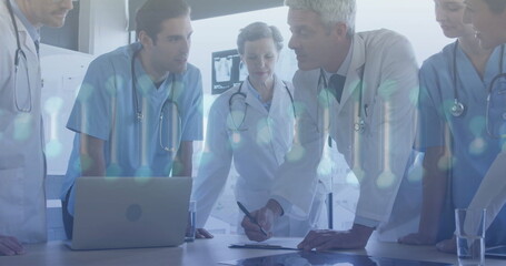 Image of dna strand and data processing over diverse doctors