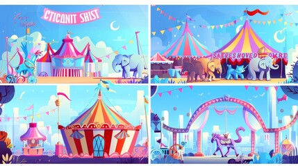 An array of circus show banners, big top tent carnival entertainment with elephants, phoenixes on stage, ice cream booths and carousels. Cartoon modern posters of amusement park invitations, tickets