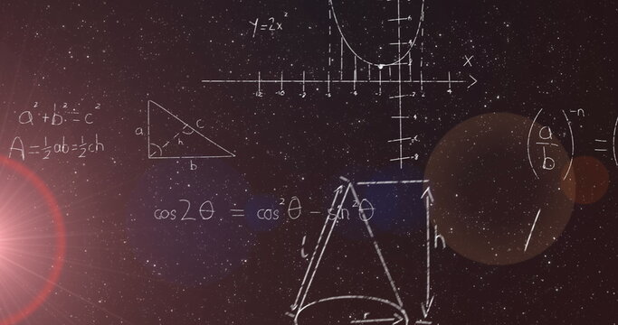 Image of mathematical equations appearing on moving on night sky with stars in the background