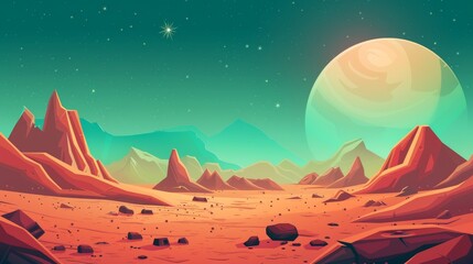The martian landscape is an alien planet background with craters, mountains, and stars on a green sky. It is a visual representation of Earth from outer space. Martian extraterrestrial computer game
