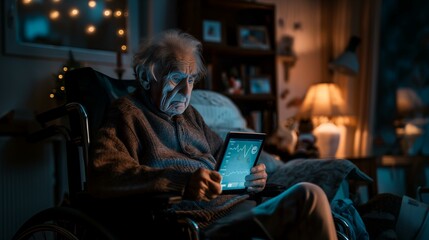 Fototapeta na wymiar An elderly man is sitting in a wheelchair and using a tablet. Concept of loneliness and isolation, as the man is alone in his room. The tablet may be a source of entertainment or communication for him