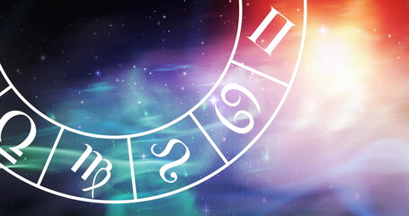 Fototapeta premium Image of gemini star sign symbol in spinning horoscope wheel over glowing stars
