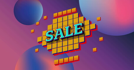 Image of sale text over squares and retro background