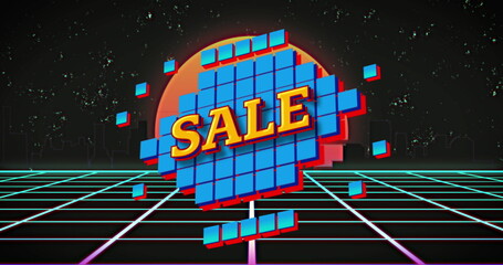 Naklejka premium Image of sale text over squares and retro background