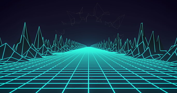 Digital image of neon green grid network and 3d structures against blue background