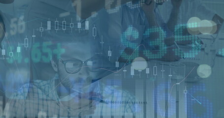 Image of financial data and graphs over caucasian male worker and businesspeople in office