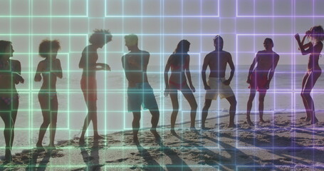 Image of squares over diverse friends at beach