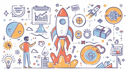 Boost linear modern illustration of a business launch, project launch, and successful presentation idea. Businessman flying rocket with infographic icons. Business startup, project launch, success