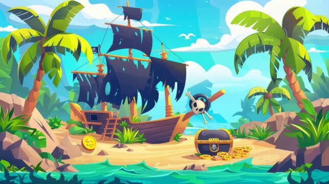 The tropical island with the treasure chest and the broken pirate ship. Modern cartoon depicts a sail boat after a shipwreck with a skull on its sails, palm trees and gold coins on an uninhabited