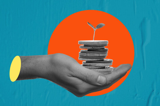 Art collage, hand with coins on a blue, wet paper background.