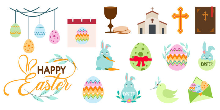 Happy Easter flat icons Vector holiday. Egg decoration, calendar day, rabbit, Easter eggs basket, invitation card, chick. Happy Easter cartoon