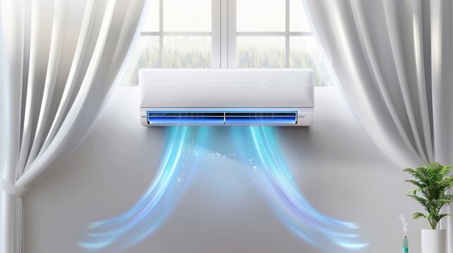 Detailed modern mockup of split system for climate control with cold wind flows on white background. Hand holding air conditioner on wall and conditioning ventilator on window.