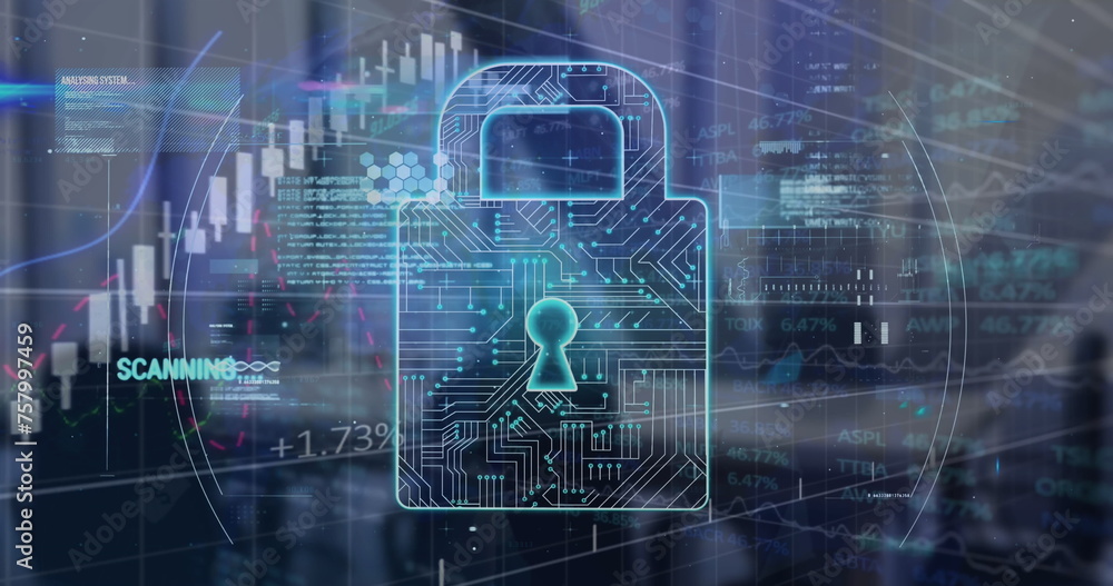 Poster image of data processing and padlock over city