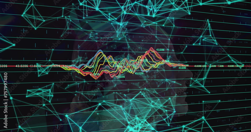 Aufkleber image of plexus networks and data processing over caucasian woman face against tunnel