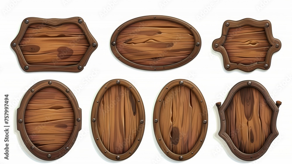 Poster realistic wood texture game signboard set. isolated rustic farm ui icon interface design. blank sign