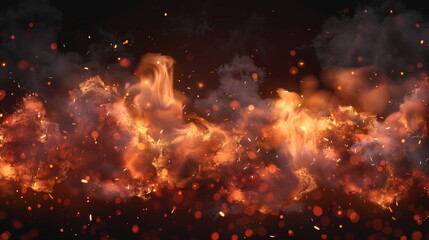 Overlay of fire sparks on a smoke and flame background with a transparent grill heat glow. Illustrator illustration of a realistic flying orange sparkle aerial illustration. Hell bonfire fiery with - obrazy, fototapety, plakaty