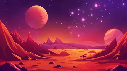 Plexiglas foto achterwand Space game background with orange ground, mountains, stars, Saturn and Earth in sky. Modern cartoon fantastic illustration of the cosmos and red martian surface. © Mark